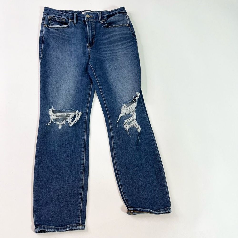 Good American Jeans 29 Distressed Straight High Rise Medium Wash Stretch